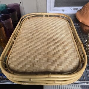 Vintage 1960s-70s Boho Tiki Bamboo Rattan Tray Set of 5